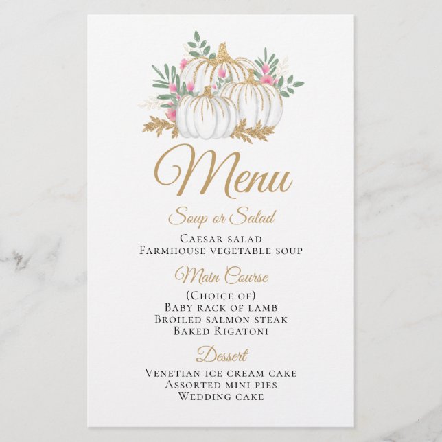 Menu do Casamento outono Pumpkin Dourado Floral Ro (Frente)