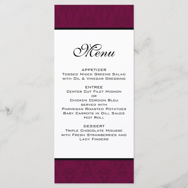 Menu do Casamento tema damasco Borgonha (Frente)