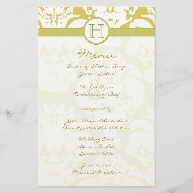 Menu do Casamento tema damasco Dourado e Limão (Frente)