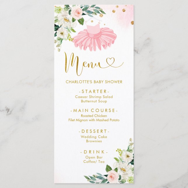 Menu do Chá de fraldas Ballerina Tutu, rosa e Dour (Frente)