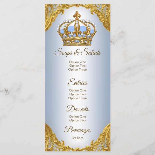 Menu do Chá de fraldas Príncipe Dourado Azul (Frente)