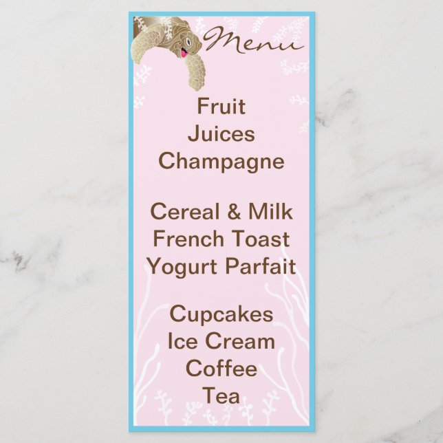 Menu do chá de fraldas "Tartaruga Rosa" (Frente)