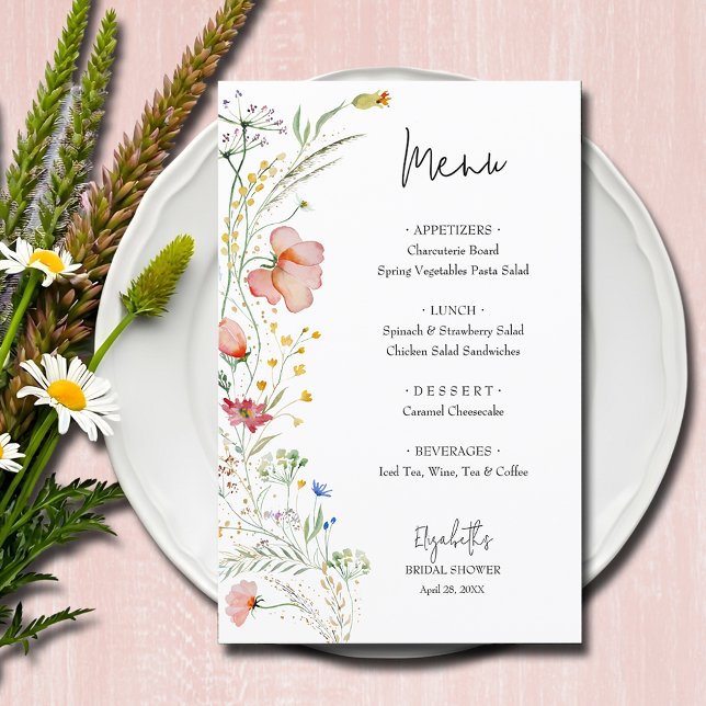 Menu do Chá de panela de Flores Selvagens (Wildflowers bridal shower menu cards)