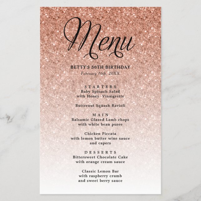 Menu do Glitter Party Rosa Dourado (Frente)