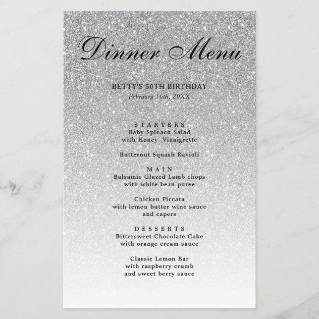 Menu do Glitter Party Silver (Frente)