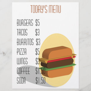 Menu do hamburguer