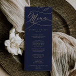 Menu do Janto de Casamento da Caligrafia Romântica<br><div class="desc">Este cartão de cardápio de janto de casamento para caligrafia romântica é perfeito para um casamento simples. O clássico moderno design apresenta espirais de rico e turbilhões brancos com belíssima e elegante tipografia de folha de ouro de champanhe com letra falsa. Este menu pode ser usado para recepção de casamento,...</div>