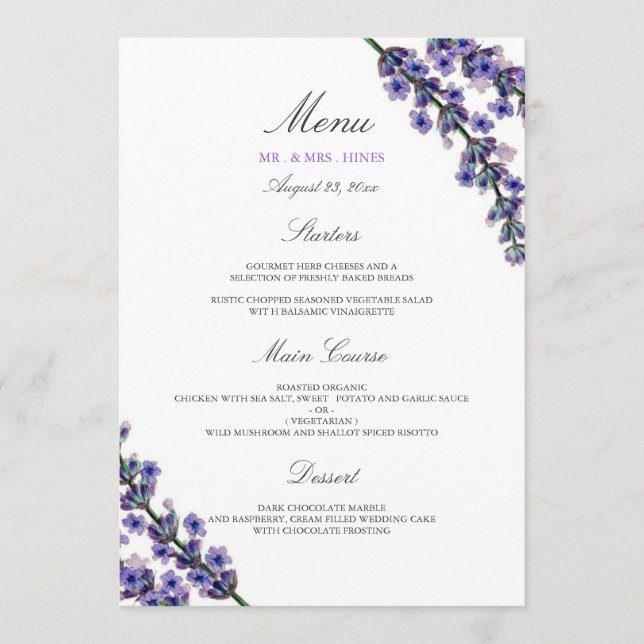 Menu do Janto de Casamento de Lavandas Elegante (Frente)