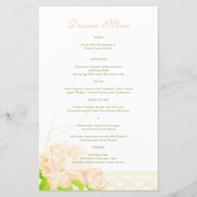 Menu do Janto de Casamento de Pêmonas de primavera (Frente)