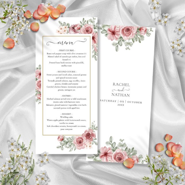 Menu do Janto de Casamento Dourado Floral Dusty Ro (Floral Dusty Rose Gold Wedding Dinner Menu)