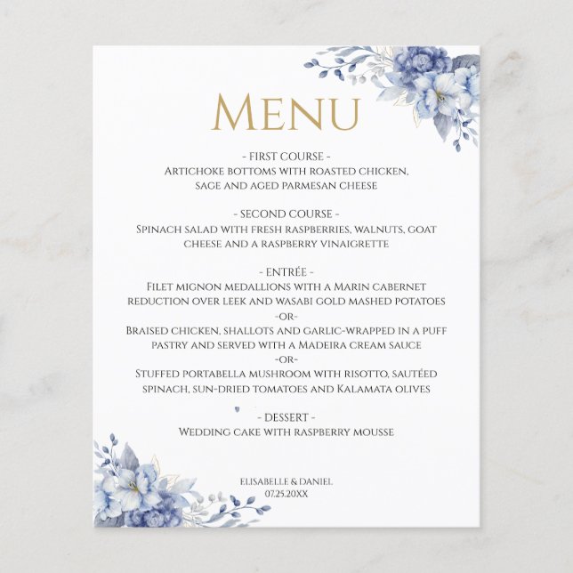 Menu do Janto de Casamento Floral Dourado Azul Ele (Frente)