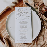 Menu do Janto de Casamentos da Caligrafia Dourada<br><div class="desc">Este cartão de janto de casamento da caligrafia romântica é perfeito para um casamento simples. O clássico moderno design apresenta espirais de rico e turbilhões brancos com belíssima e elegante tipografia de folha de ouro de champanhe com letra falsa. Este menu pode ser usado para recepção de casamento, janto de...</div>