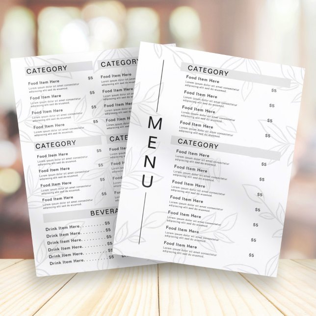 Menu do Restaurante Preto e Branco da Folha de Pla (Criador carregado)