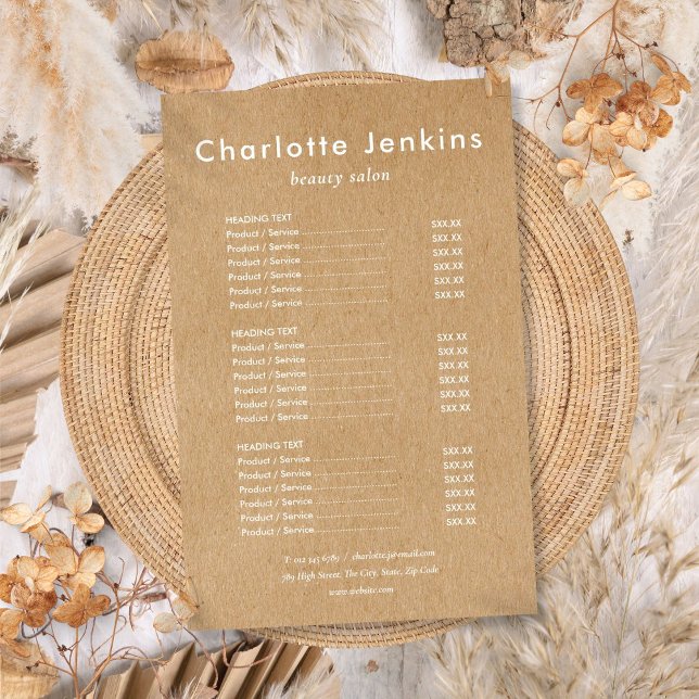 Menu do Serviço Rustic Kraft Salon Moderno Minimal (Modern Minimalist Rustic Kraft Salon Service Menu Flyer)