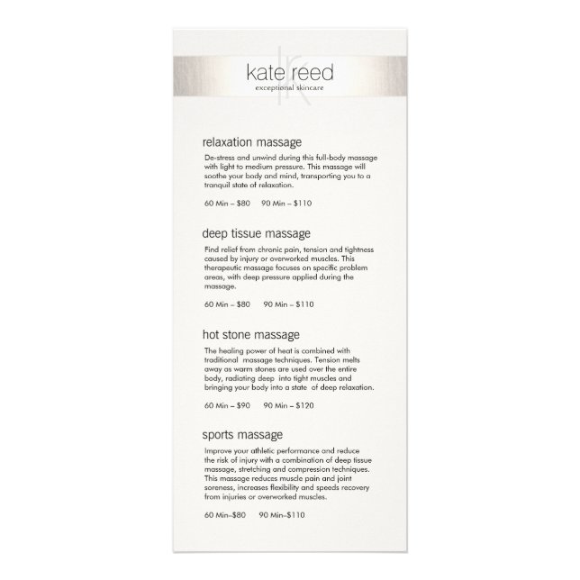 Menu do Serviço Spa do Salão de Banda Prateada Mon (Frente)