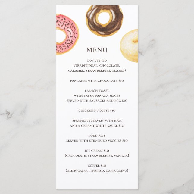 Menu Donuts de aquarela. Simples sobremesa de padaria d (Frente)