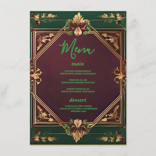 Menu Dourada Borgonha Geométrica e Casamento Floral Ver (Frente)