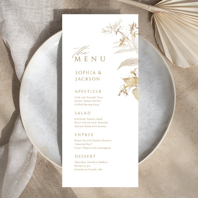 Menu Dourado Botânico Floral de Casamento Elegante (Elegant Gold Botanical Floral Wedding Menu)