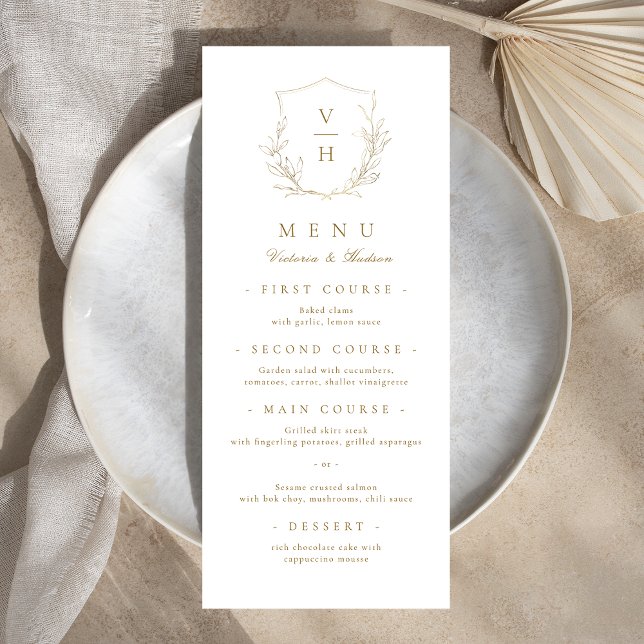 Menu Dourado casamento simples da crista botânica monog (Gold simple botanical crest monogram wedding menu)