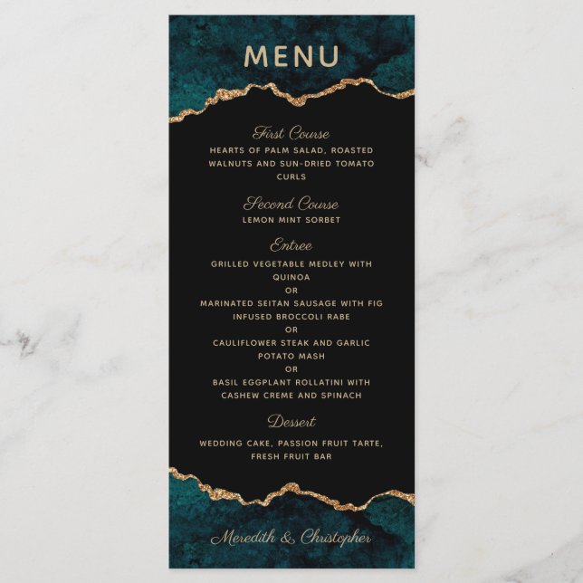 Menu Dourado de Casamento de Agta Teal (Frente)