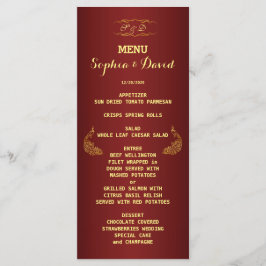 Menu Dourado de Casamento de Peacock Real Burgundy