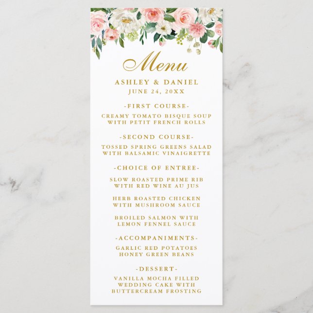 Menu Dourado de Casamento Floral Branco Cor-de-Águ (Frente)