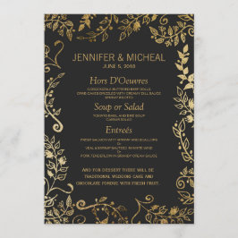 Menu Dourado de Casamento Floral Elegante Preto e 