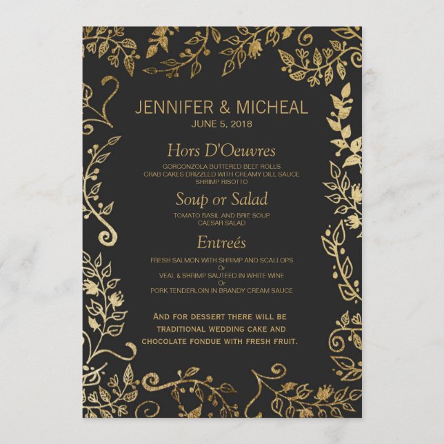 Menu Dourado de Casamento Floral Elegante Preto e  (Frente)