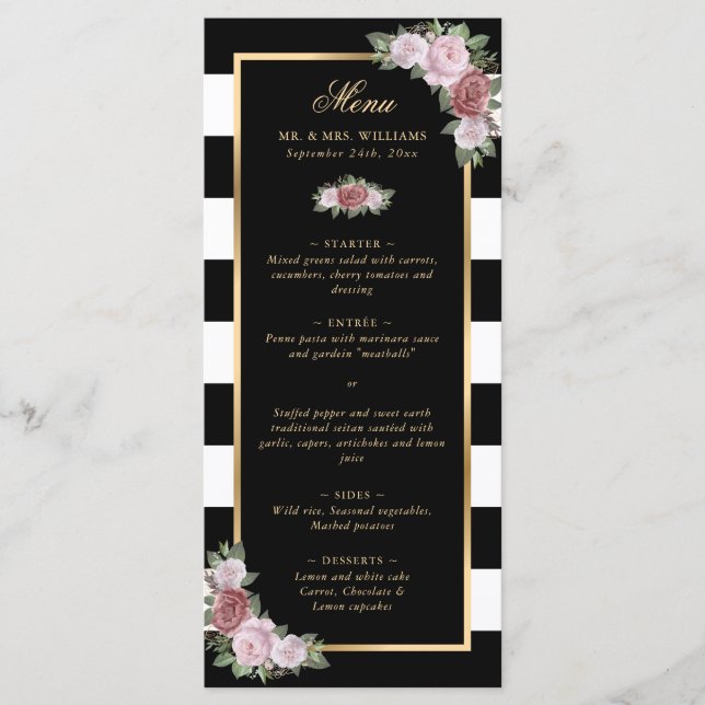 Menu Dourado de Casamento Floral Rosa-Rosa-Cinzent (Frente)