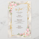 Menu Dourado de Script e Casamento de Frame Floral<br><div class="desc">Crie o menu de casamento perfeito com esta moda,  elegante design com cor d'água floral cor rosa de pedras,  é um roteiro e quadro dourados. Para produtos correspondentes,  entre em contato com o designer via Chat do Zazzle Designer. Copyright Elegant Invites,  todos os direitos reservados.</div>