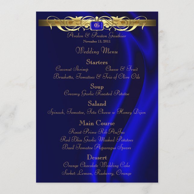 Menu Dourado de seda azul do casamento do rolo do (Frente)