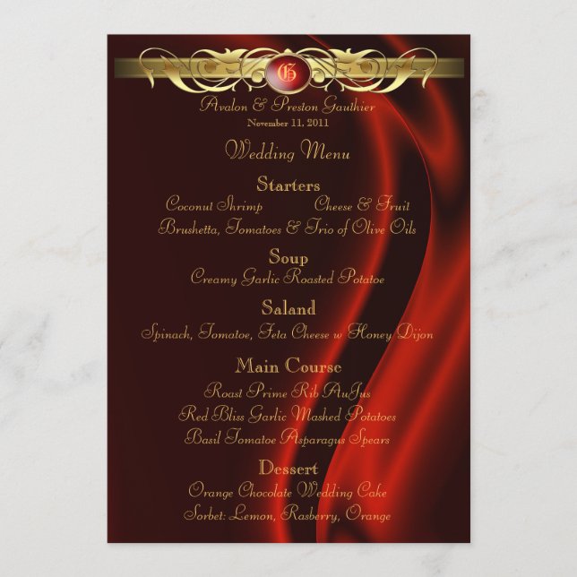 Menu Dourado de seda vermelho do casamento do rolo (Frente)
