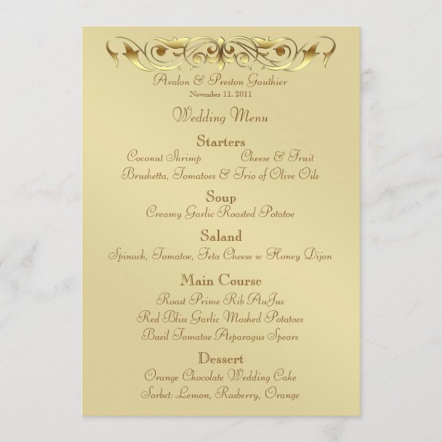Menu Dourado do casamento do rolo da grã-duquesa (Frente)
