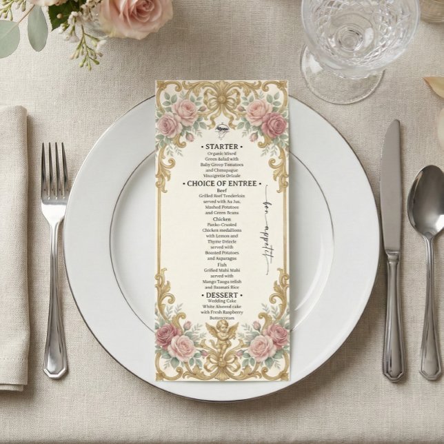 Menu Dourado Falso e Rosado Floral em Aquarela (Criador carregado)