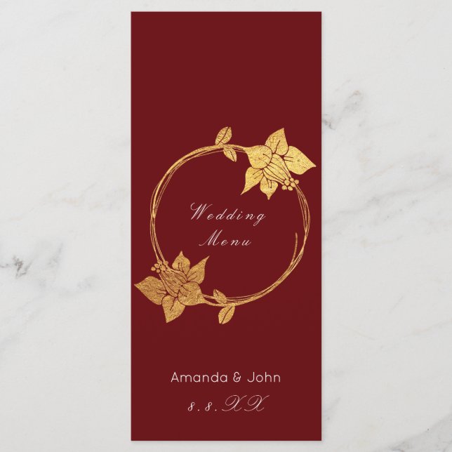 Menu Dourado Floral Red Weding Burgundy Maroon (Frente)