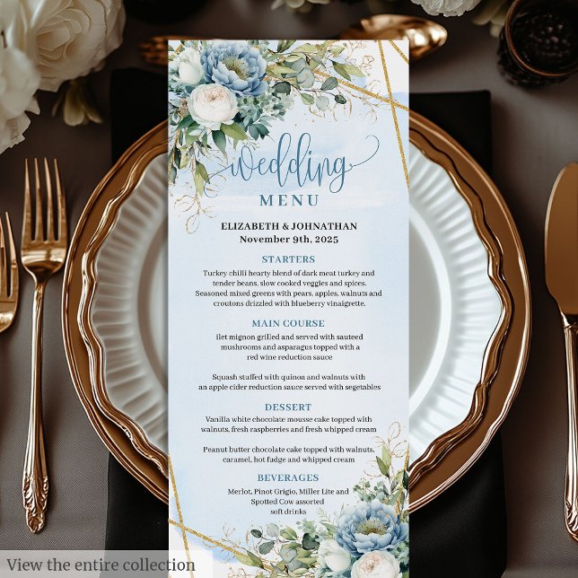Menu Dourado Janto Glitter  Pastel Azul (Classic Pastel Blue Peonies Gold Glitter Dinner Menu

)