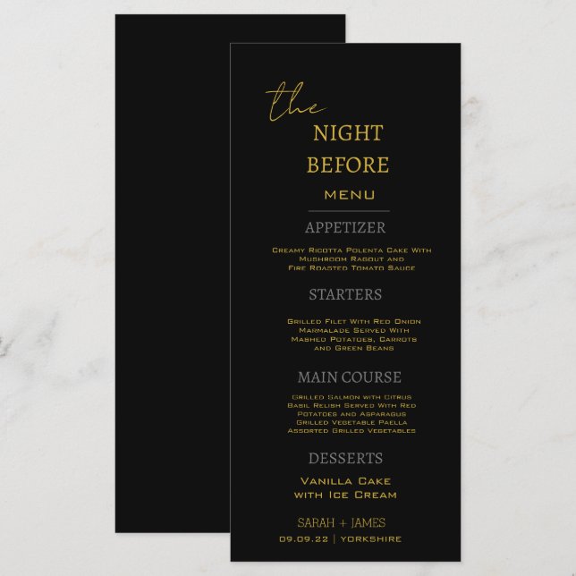 Menu Dourado Mínimo Na Noite Antes Do Casamento (Frente/Verso)