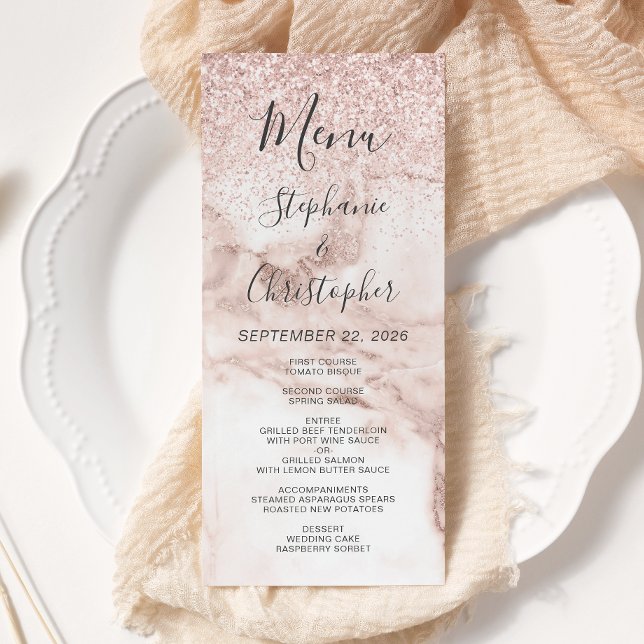 Menu Dourado Rosa Mármore Brilho Casamento Elegante (Criador carregado)