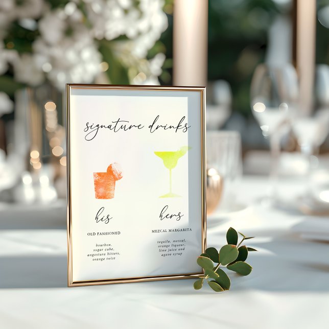 Menu Drinks de Assinatura de Aquarela Minimalista (Minimalist Watercolor Signature Drinks Menu)