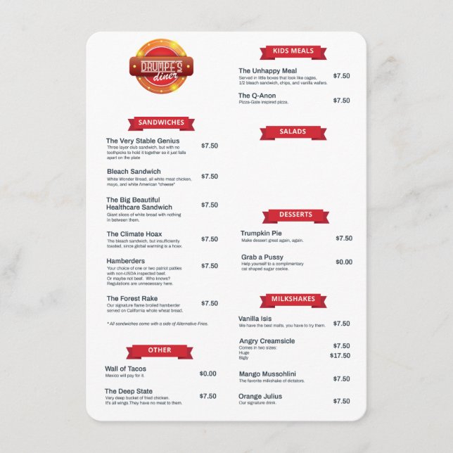 Menu "Drumpf's Diner" (Frente)