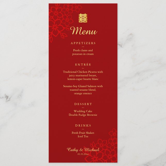 Menu Dupla Felicidade Vermelha floral casamento chinês (Frente)