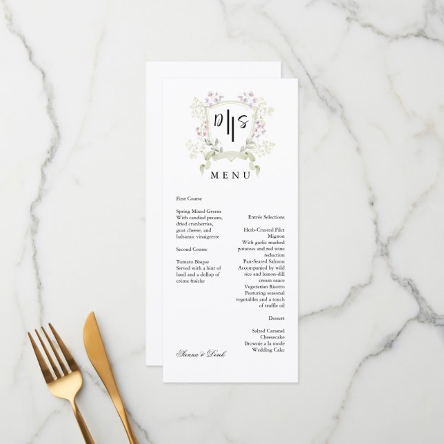 Menu Dusky Wildflower Monograma Crest Casamento (Frente/Verso In Situ)