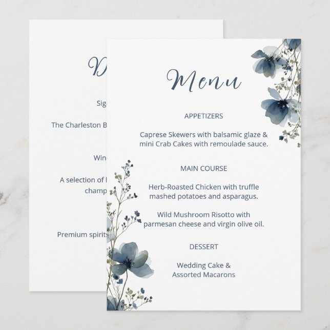 Menu Dusty Blue Botanical Wedding (Frente/Verso)
