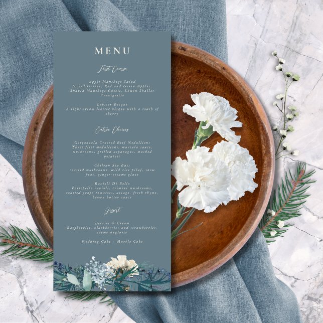 Menu Dusty Blue Cinza Floral de inverno (Criador carregado)