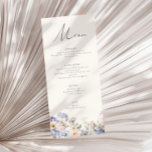 Menu Dusty Blue Cream Floral Weding<br><div class="desc">Este cartão de cardápio apresenta um design floral de aquarela com flores elegantes em vários tons de azul empoeirado e creme.</div>
