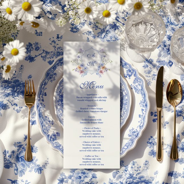 Menu Dusty Blue Crest Floral Wedding (Criador carregado)