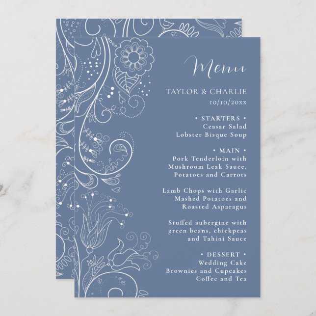 Menu Dusty Blue Elegant Floral Wedding (Frente/Verso)