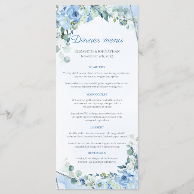 Menu Dusty Blue Eucalyptus Greenery Silver Frame Janto (Frente)