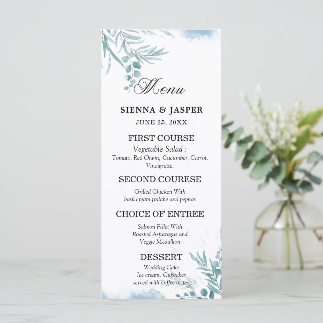 Menu Dusty Blue Eucalyptus Greenery Wild Meadow Wedds (Em pé/Frente)