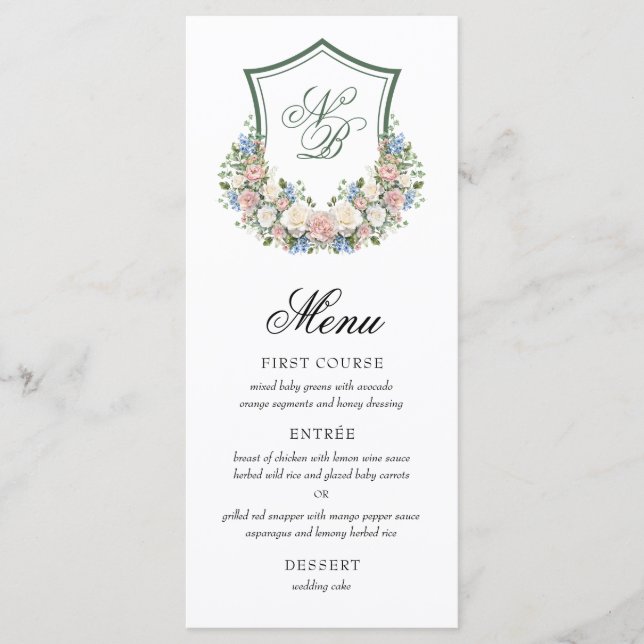 Menu Dusty Blue Floral Crest Casamento (Frente)